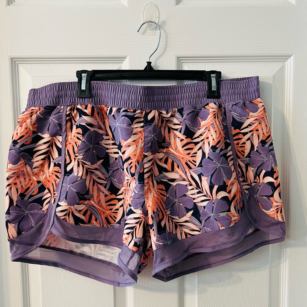 Purple and Orange Athletic Shorts with Tropical Print